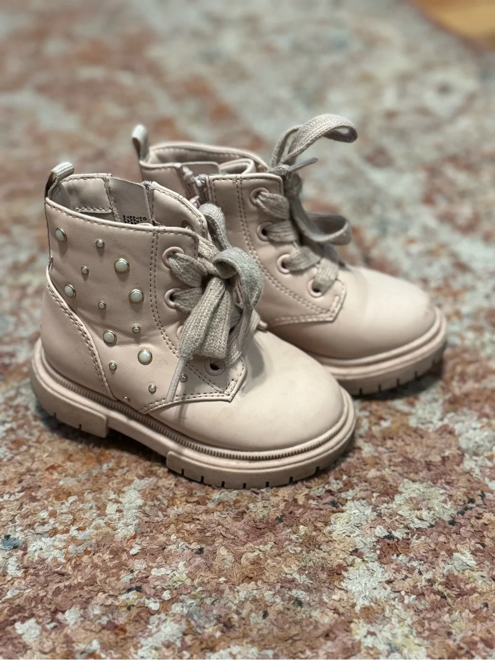 Girls' Pink Pearl-Stud Lace-Up Boots- Size 6